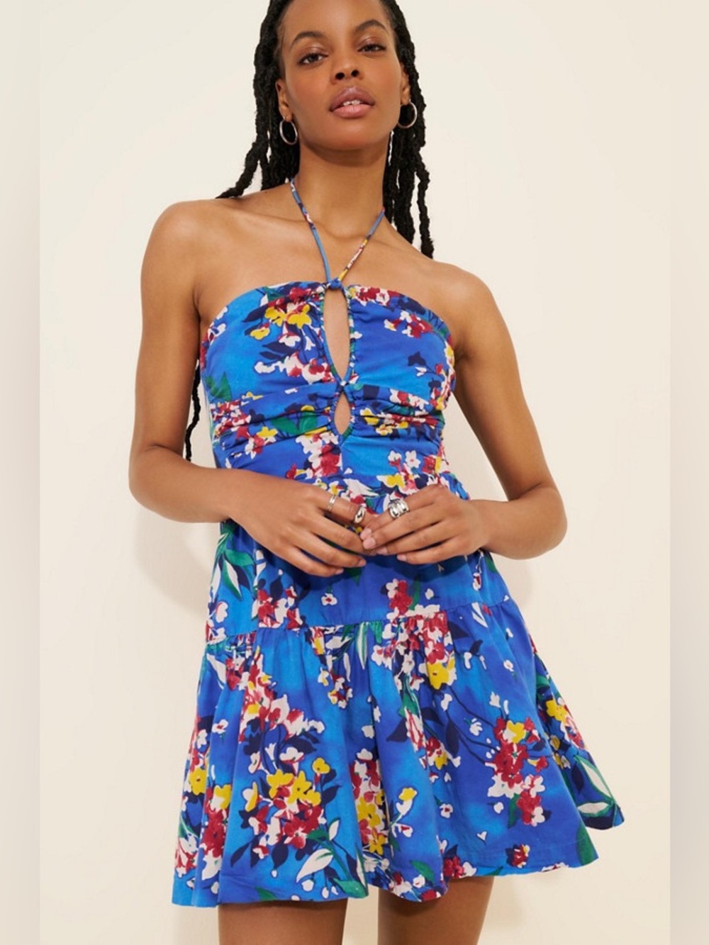 Anthropologie $140 Retail “Emily” Royal Blue Floral Halter Tie Mini Dress